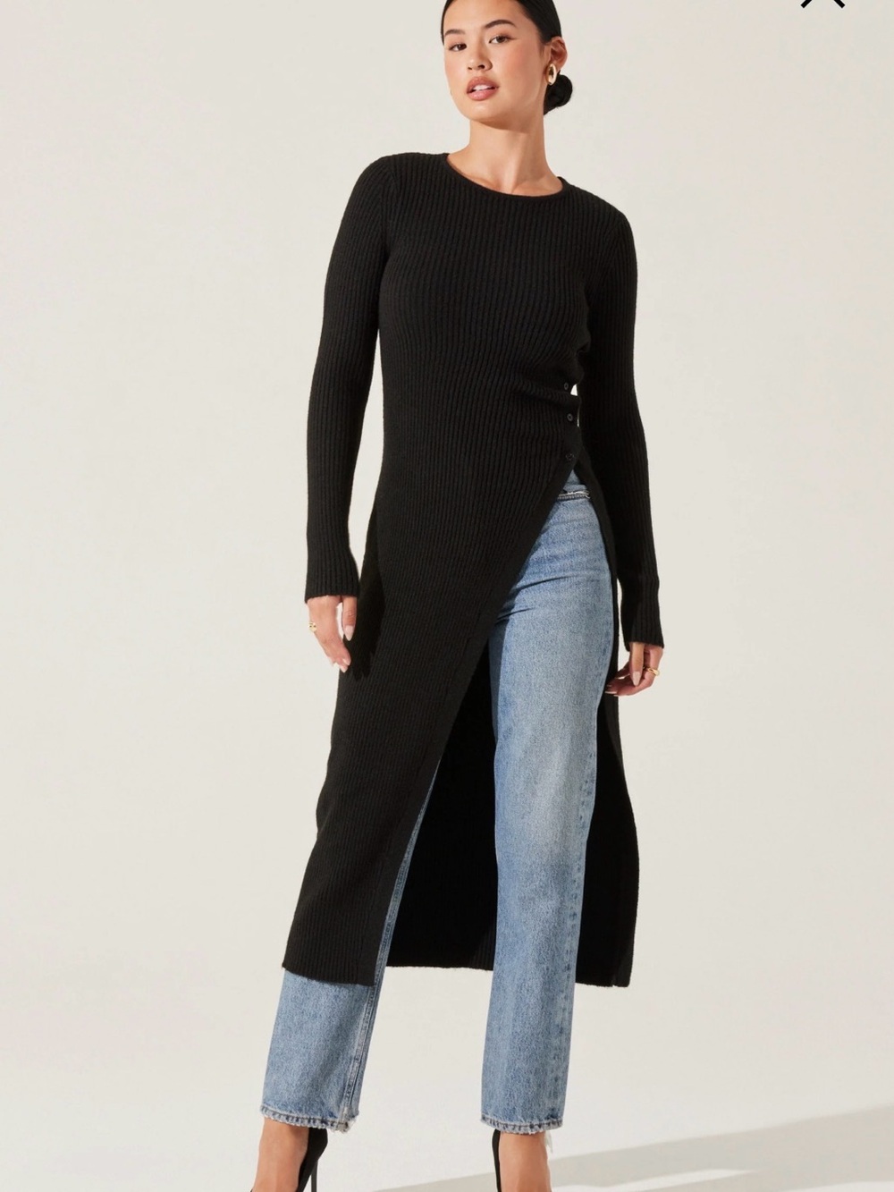 Black Ribbed Hi Slit Button Sweater
 Ribbed Long Asymmetric Sweater